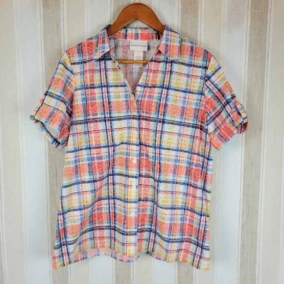 Alfred Dunner Plaid Button Down‎ Blouse Shirt Pink Blue Size Small - Picture 1 of 7